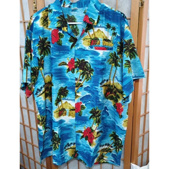 Rina Bahama’s Bright Blue Island Scene Shirt XL Resort Wear Tropical Hawaiian - Picture 2 of 9